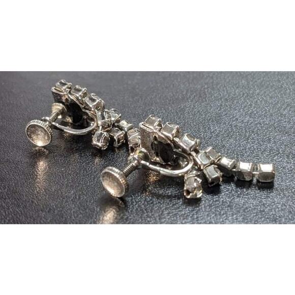 Vintage 3 strand Tier Dangly Rhinestone Silver Clip On Earrings with twist backs - Picture 2 of 2